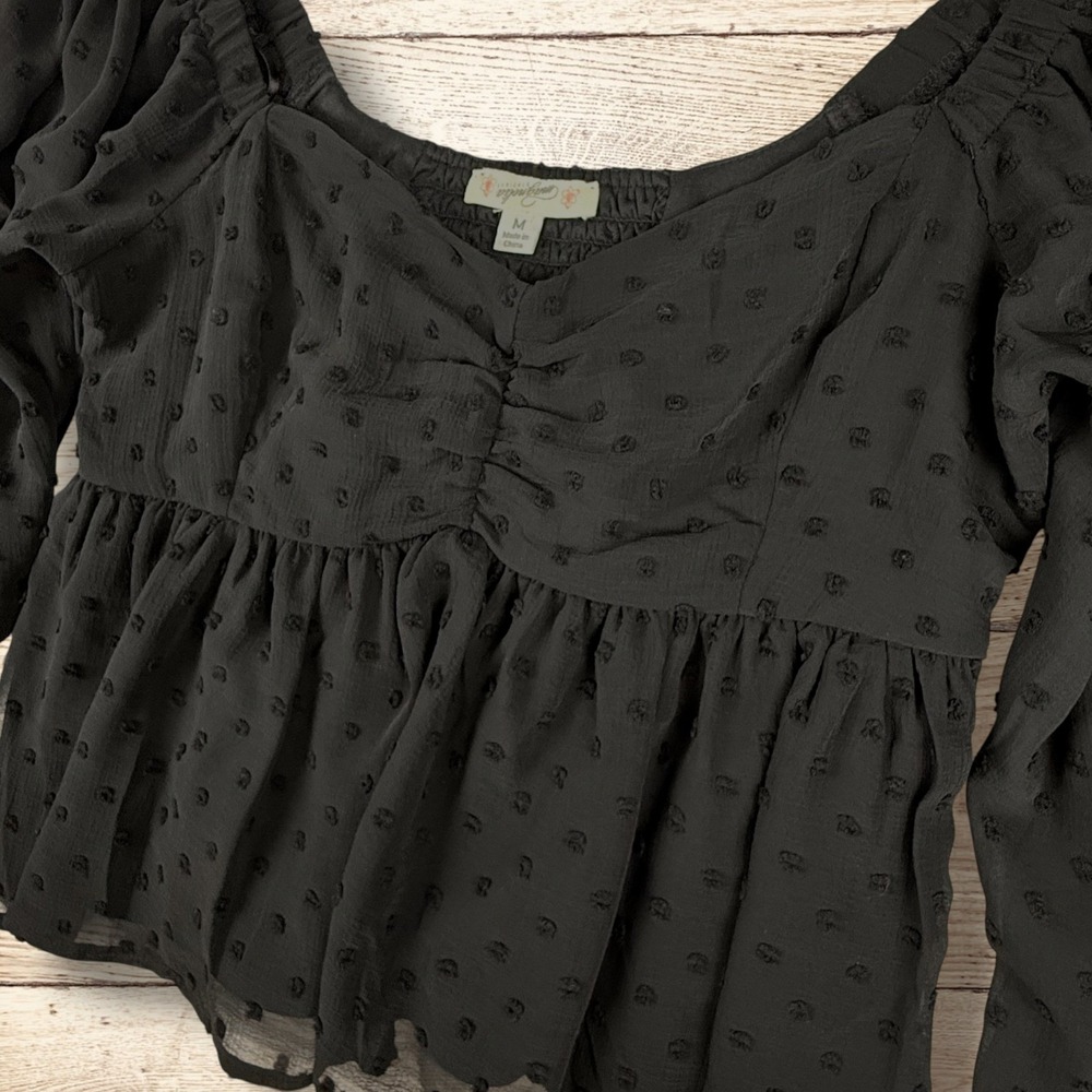 MAGNOLIA BOUTIQUE Womens Swiss‎ Dot Long Sleeve Crop Blouse Top Size M Black